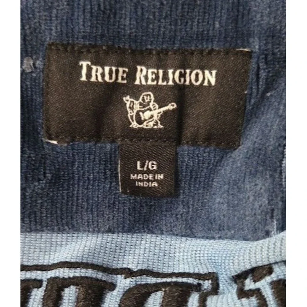 True Religion Mens Blue Corduroy Full Zip Hoodie Jacket Sz Large Buddha Graphic